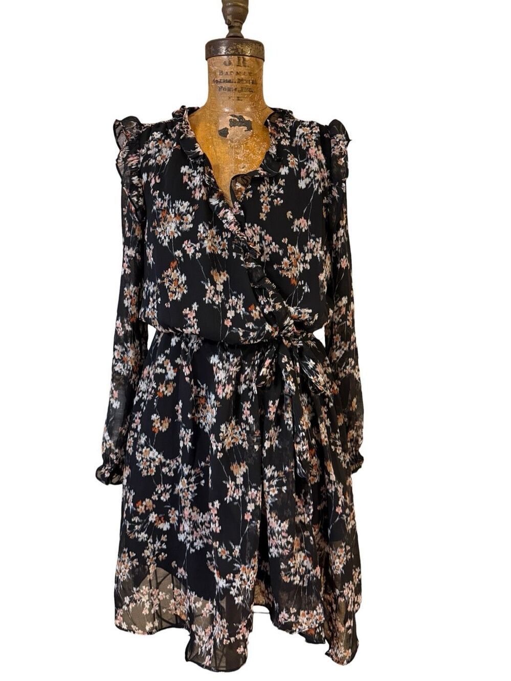 Black floral chiffon faux wrap dress with belt size small